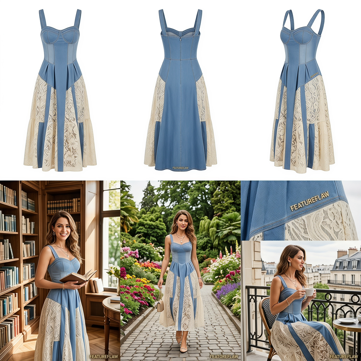 Denim & Lace Sculpted Midi Dress