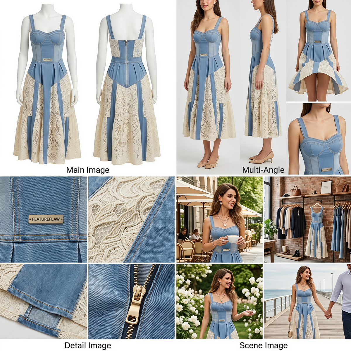 Denim & Lace Sculpted Midi Dress