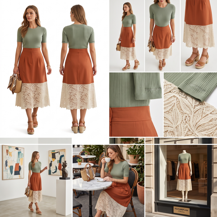Lace-Hem Tailored Midi Skirt