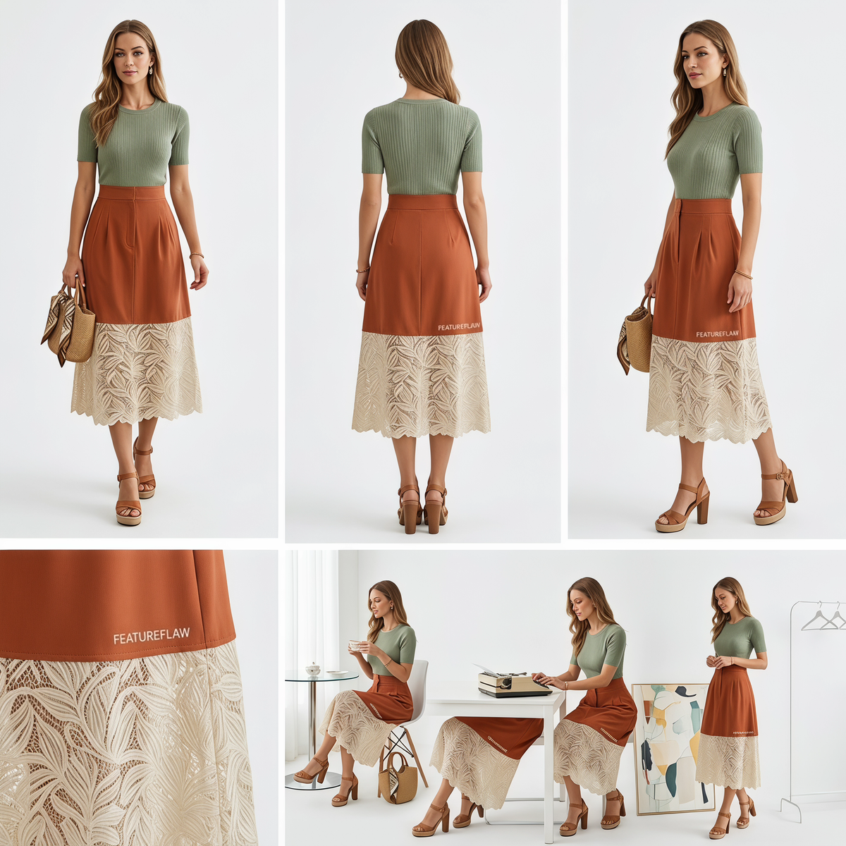 Lace-Hem Tailored Midi Skirt
