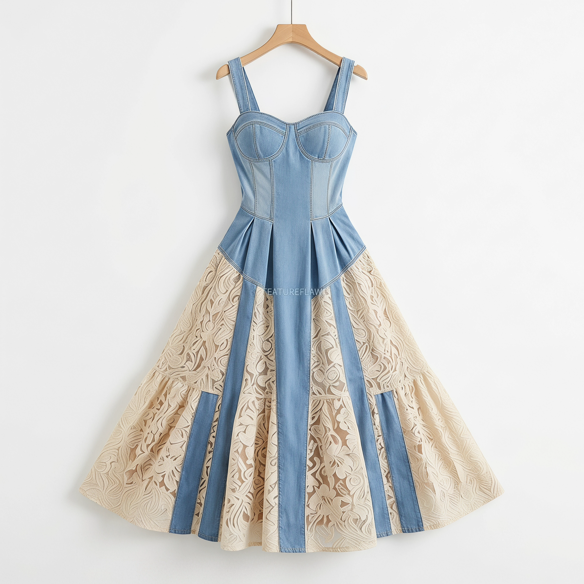 Denim & Lace Sculpted Midi Dress