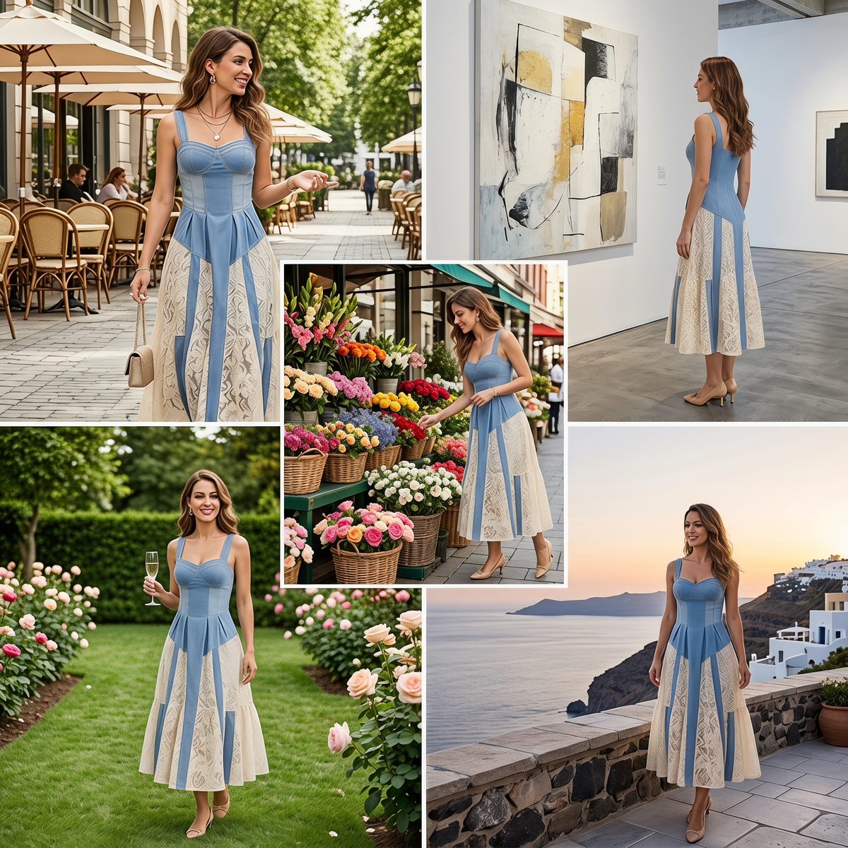 Denim & Lace Sculpted Midi Dress