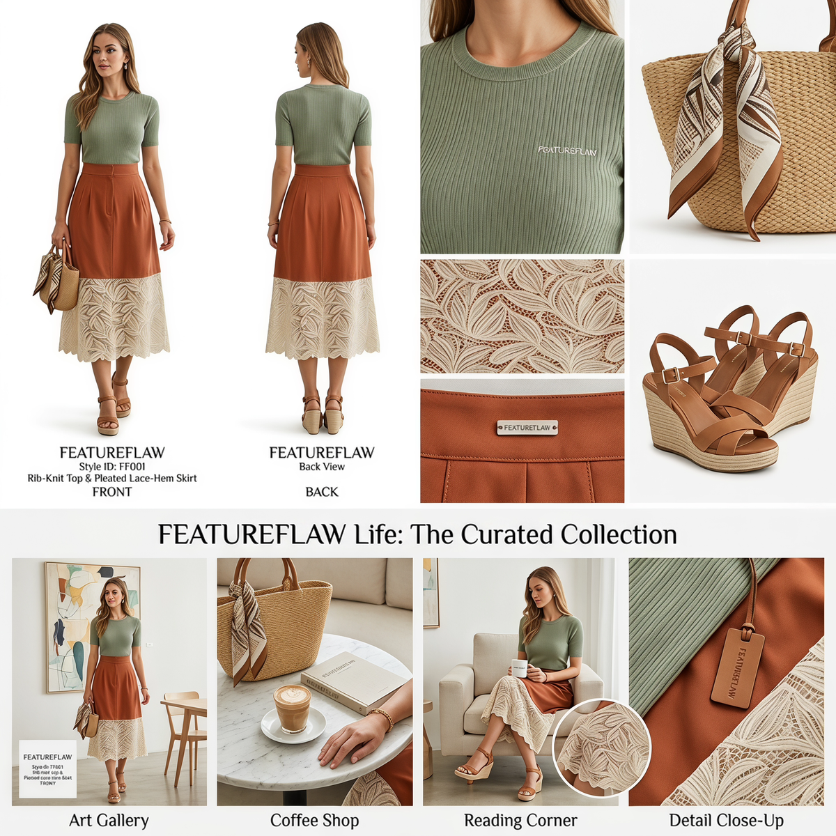 Lace-Hem Tailored Midi Skirt