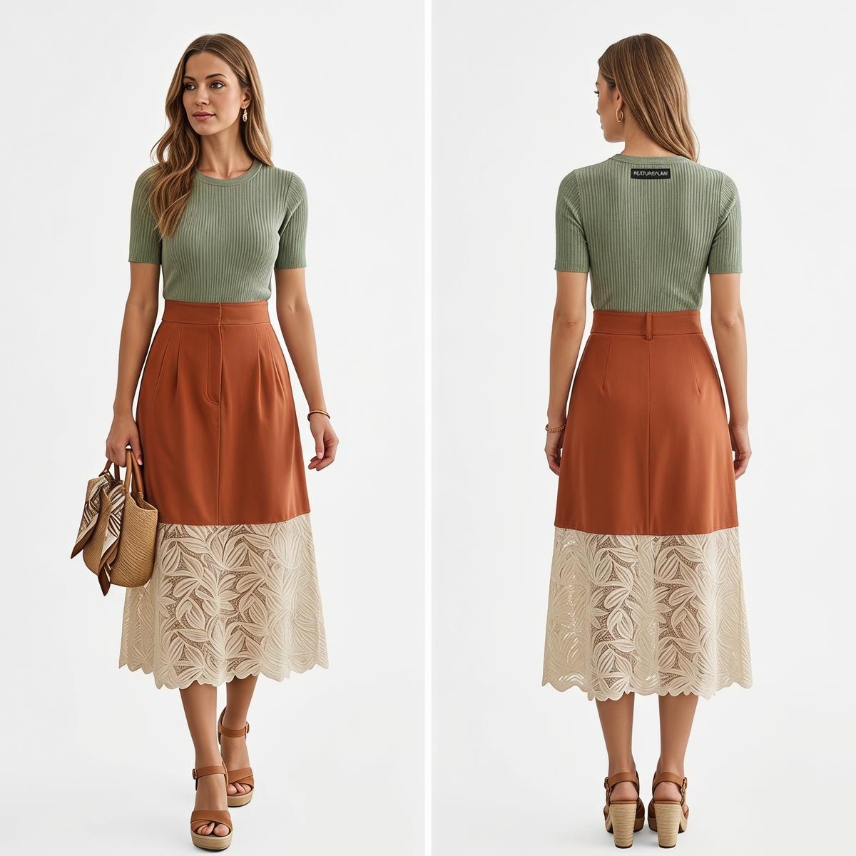 Lace-Hem Tailored Midi Skirt